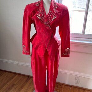 Vintage Women’s Red Embellished Power Silk Suit, Small size
